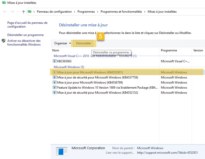 Désinstaller mises à jour depuis Windows Update